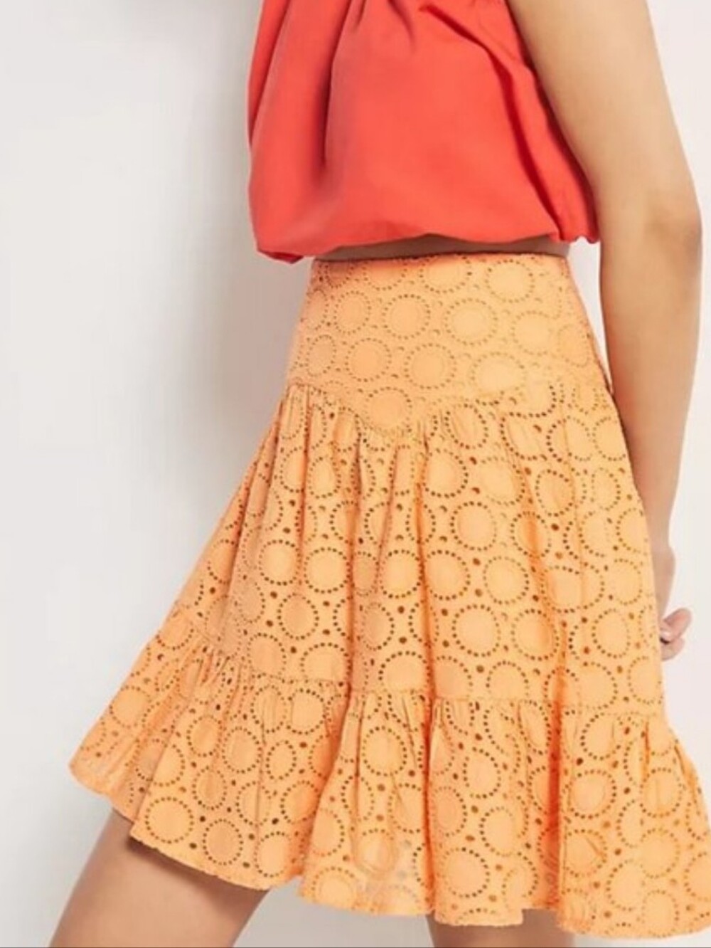 NWT Maeve Anthropologie Orange Eyelet A-Line Tiered Skirt Lined Pleated Large